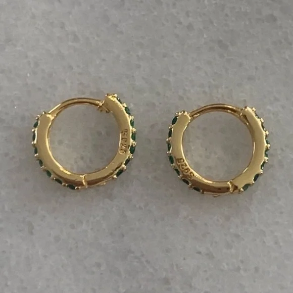 Gold Green Crystal Huggie Hoop Earrings - Picture 4 of 5